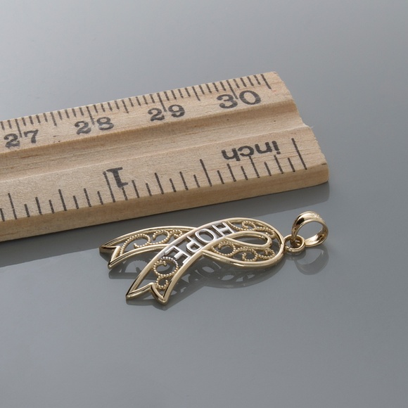 14k Two-Tone Yellow with White Rhodium Gold Filigree Hope Ribbon Necklace Charm - Picture 5 of 9
